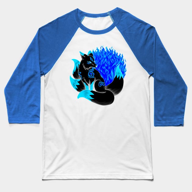 Black and Blue Kitsune Baseball T-Shirt by Lady Lilac